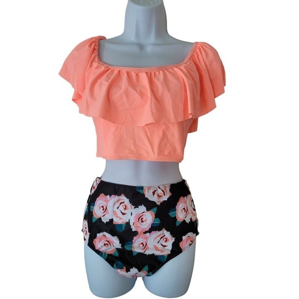 Peach Ruffle Off Shoulder High Waisted Floral Bikini Swim Set Size M